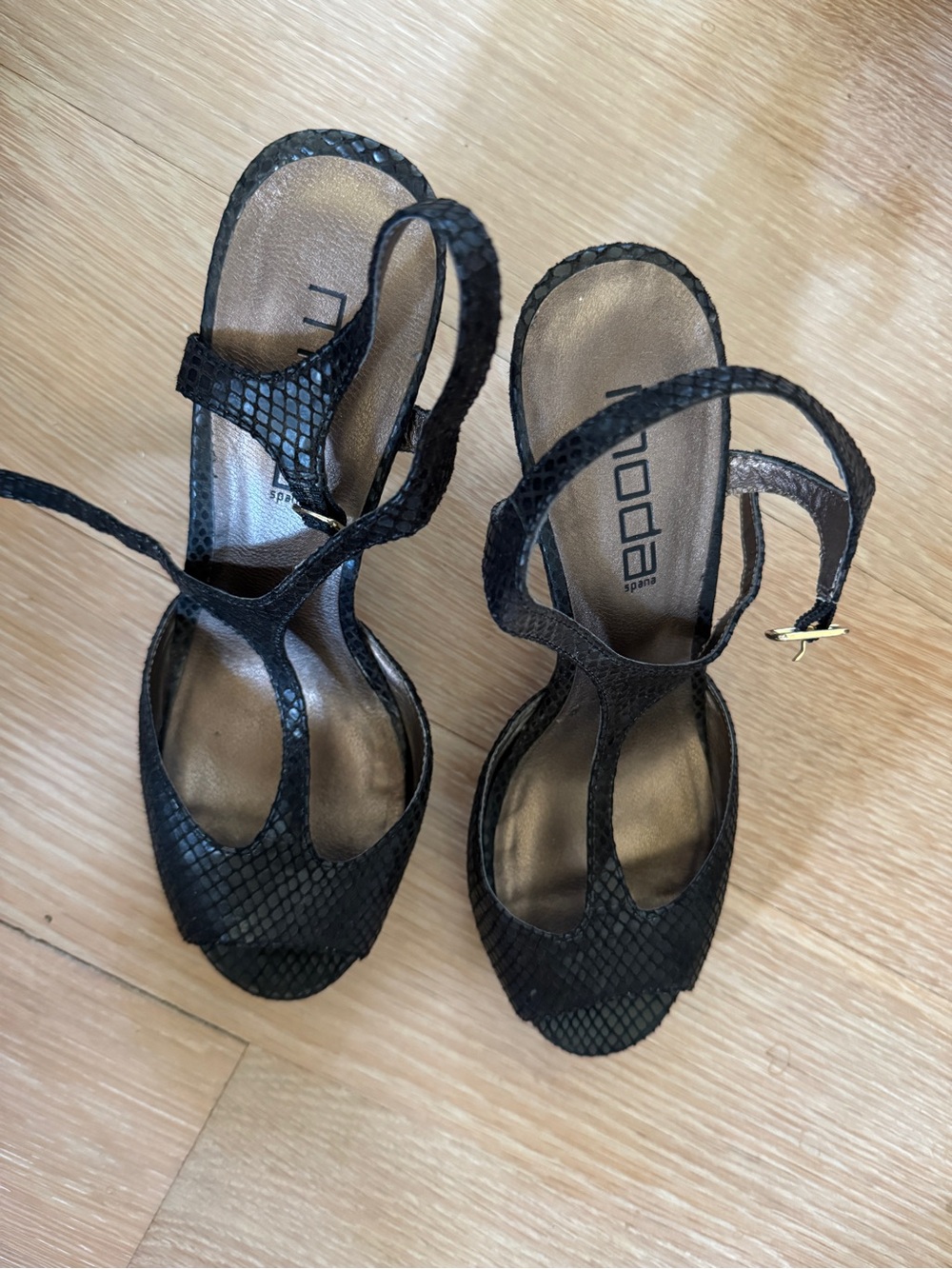 Black Snake-Embossed T-Strap Heels